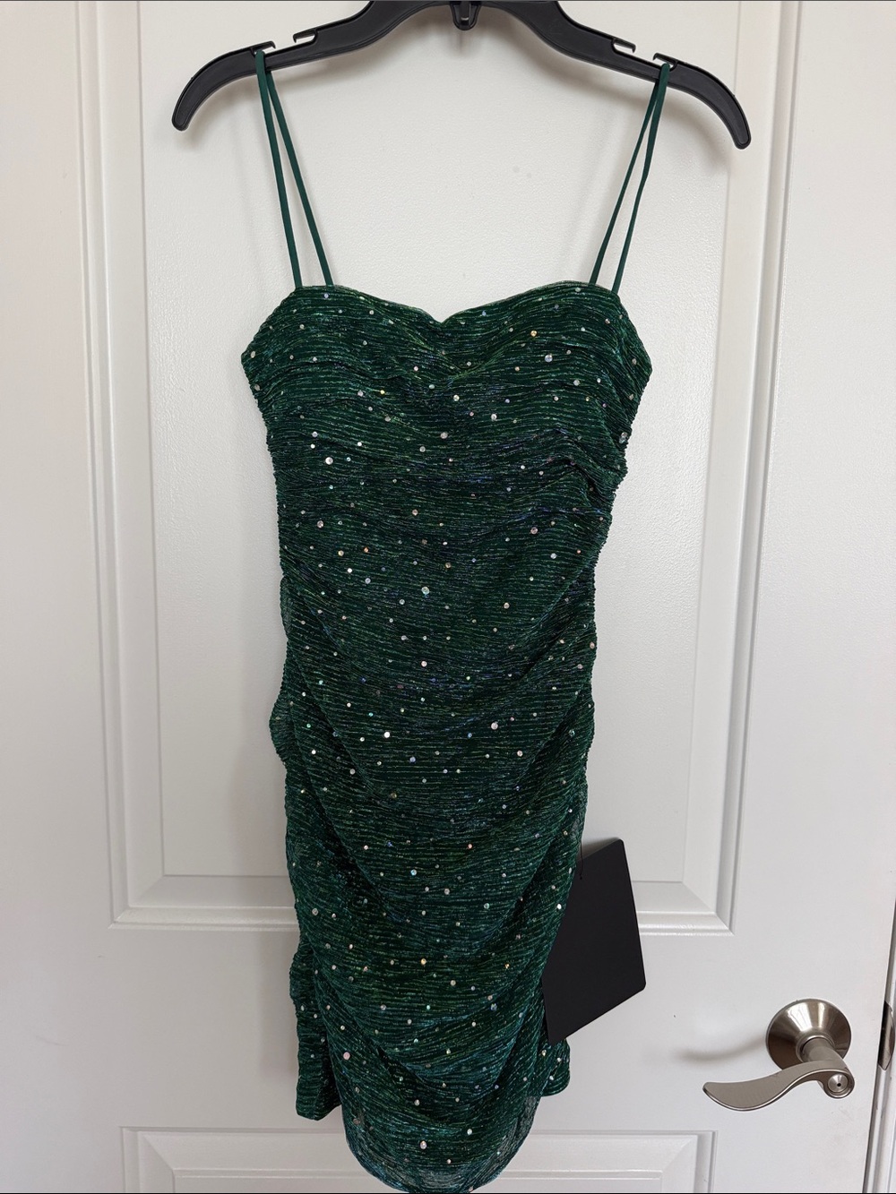 Lulu's Emerald Green Sequin Ruched Spaghetti-Strap Mini Dress